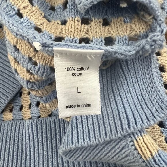 Maurices 100% Cotton Open Knit Sweater Striped Blue Preppy Coastal Grandma Large - Picture 6 of 8